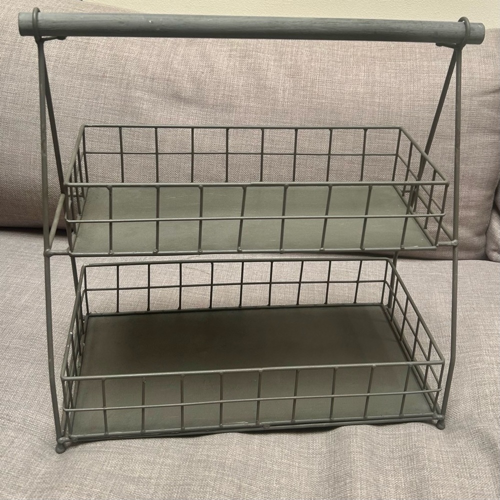 Two-Tier Metal Organizer Etagere Wooden Handle Accents Rustic Industrial#0725258 - Picture 2 of 16